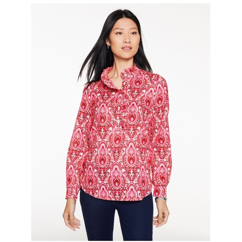 Talbots Womens XL Pink Damask Cotton Metallic Popover Blouse Long Sleeve NWT